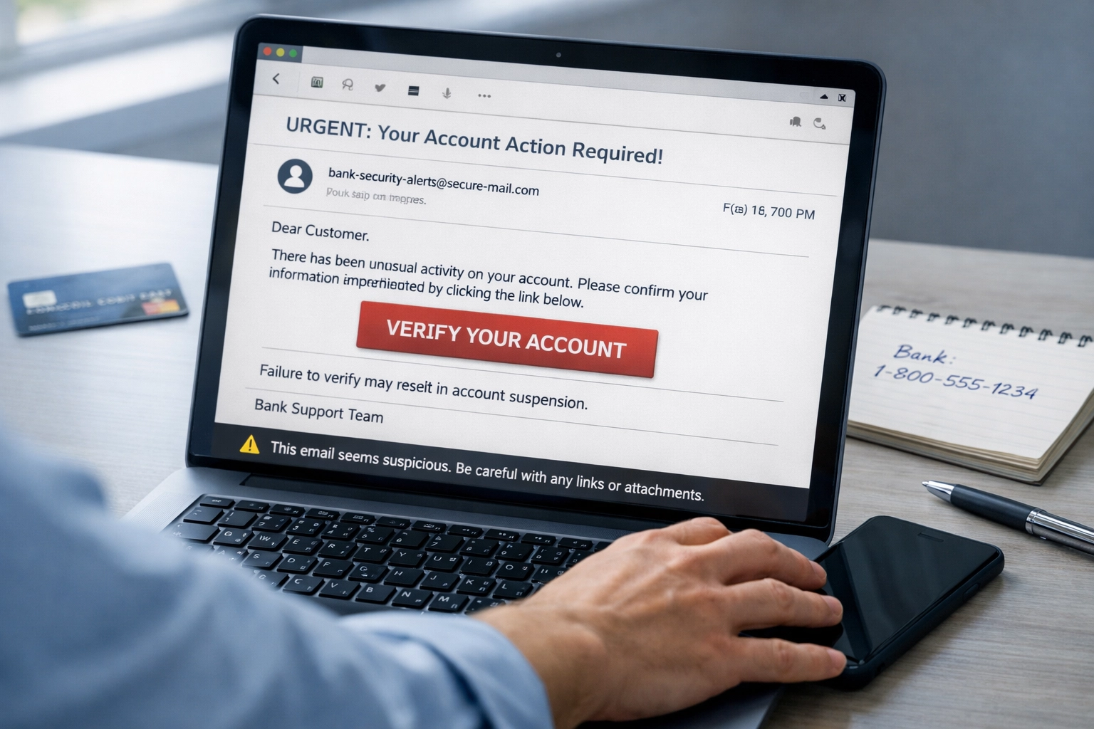 The AI Scam Explosion: Why 79% of Americans Can't Tell Real from Fake Anymore 3 Person verifying suspicious email by calling bank directly to prevent AI fraud