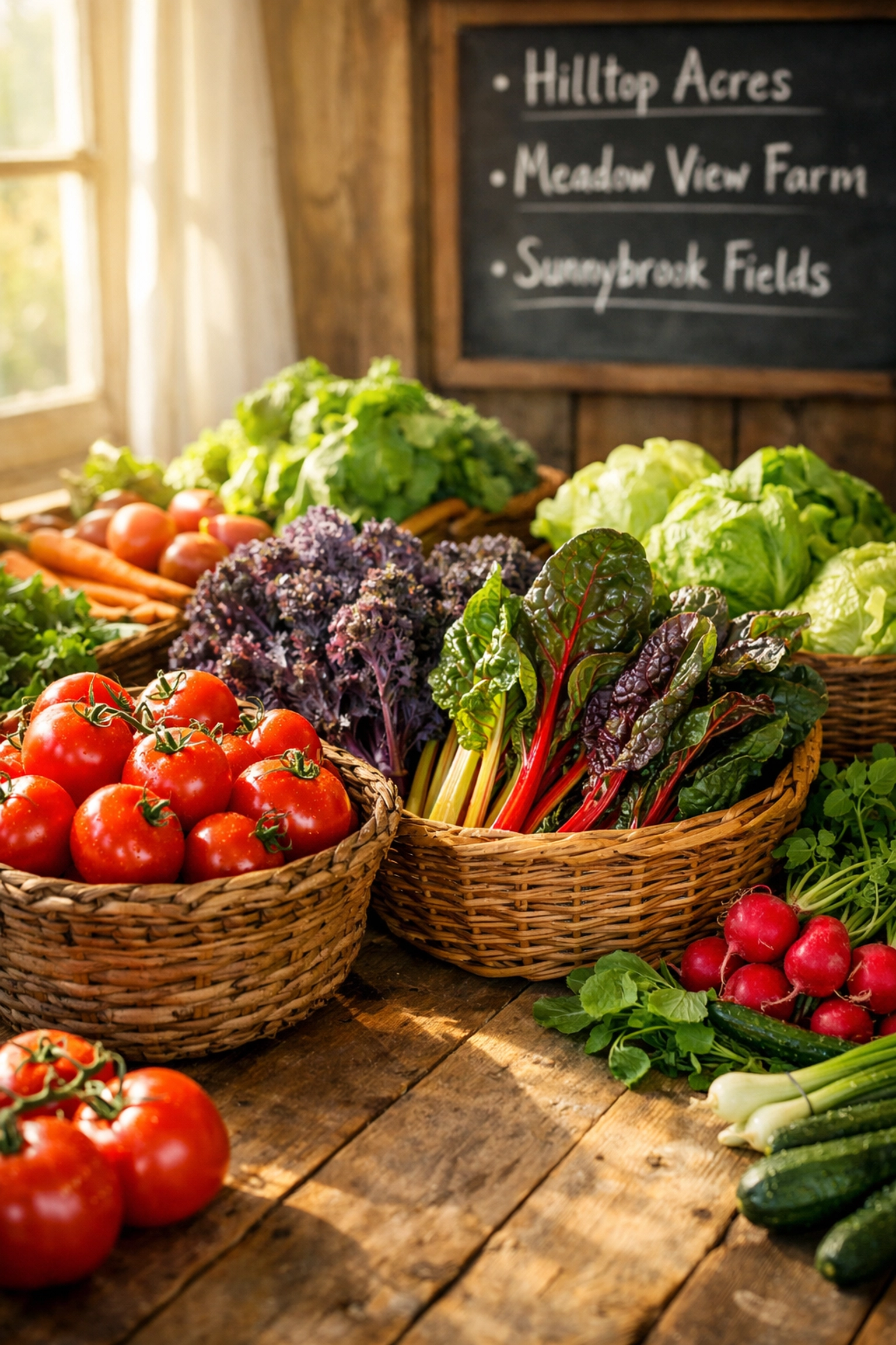 Fresh seasonal vegetables from local farms on rustic table showcasing farm-to-table sourcing