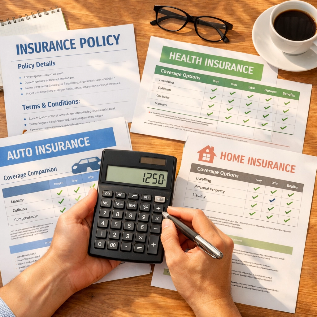 Insurance policy documents and rate comparisons spread on desk with calculator