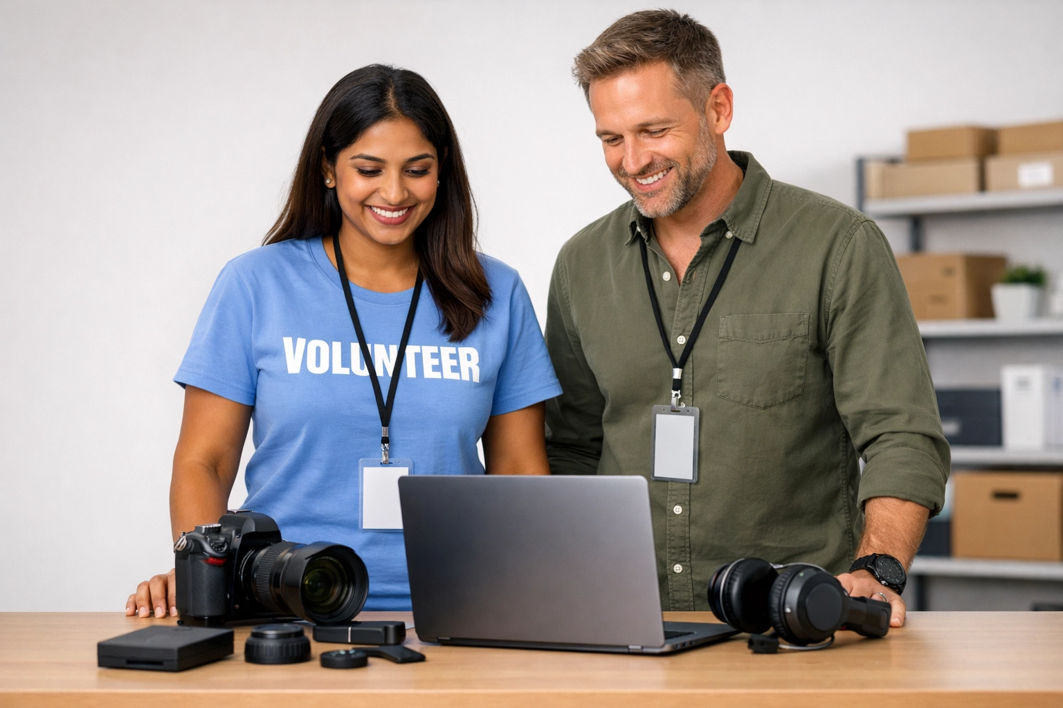 Nonprofit team members reviewing new equipment as part of updated federal procurement policy compliance.