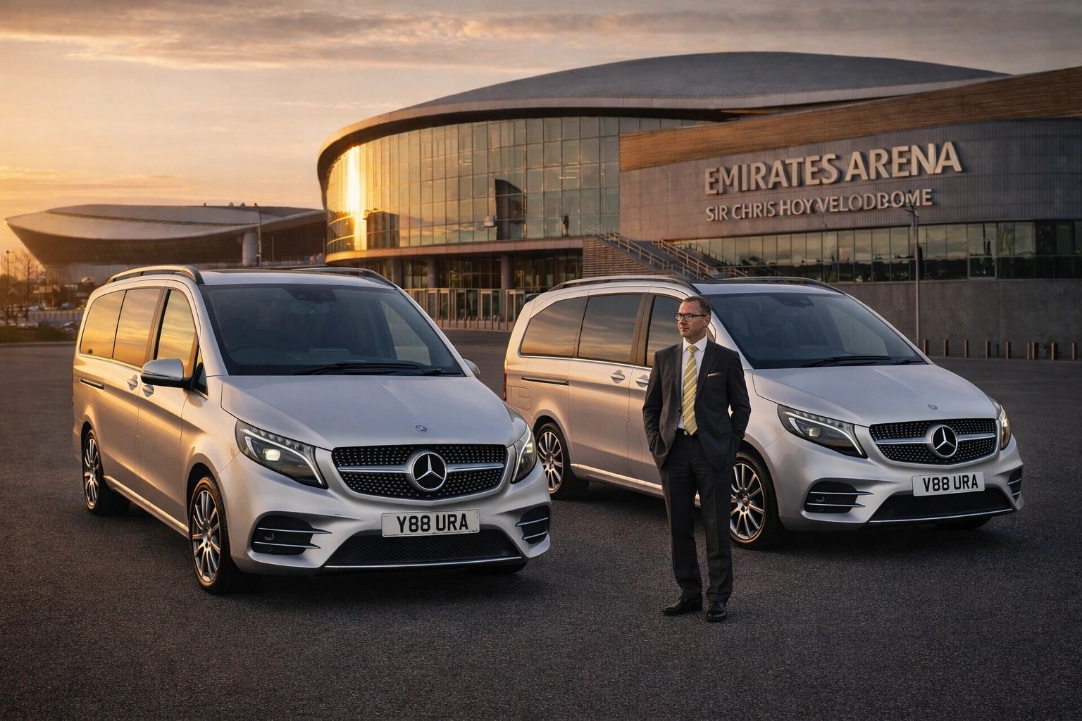 Silver Mercedes-Benz V-Class executive van arriving near the Emirates Arena and Sir Chris Hoy Velodrome in Glasgow.