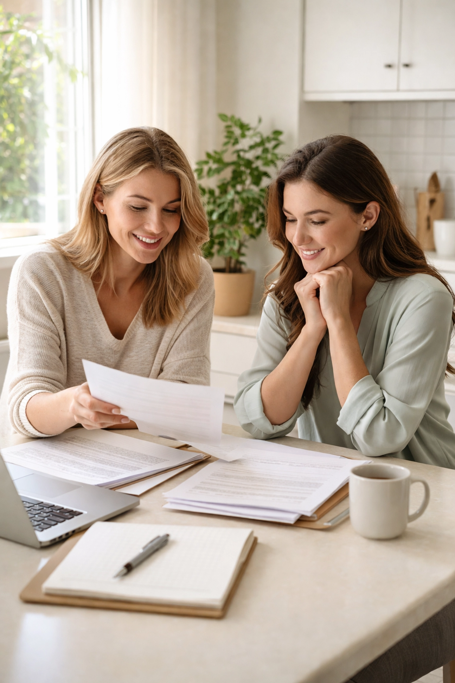 Two women discussing Washington surrogacy insurance documents at a kitchen table, highlighting early coverage review and support.