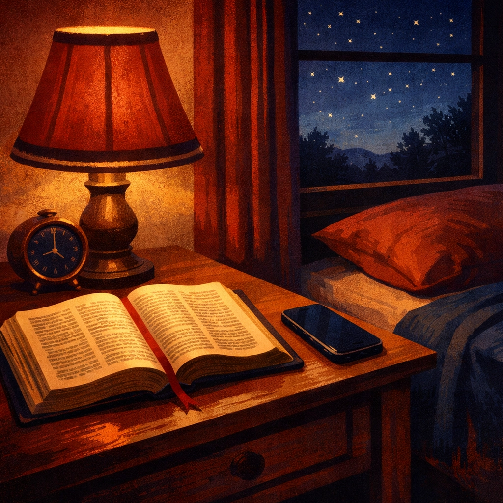 Peaceful bedroom at night with Bible on nightstand and phone face-down for better sleep