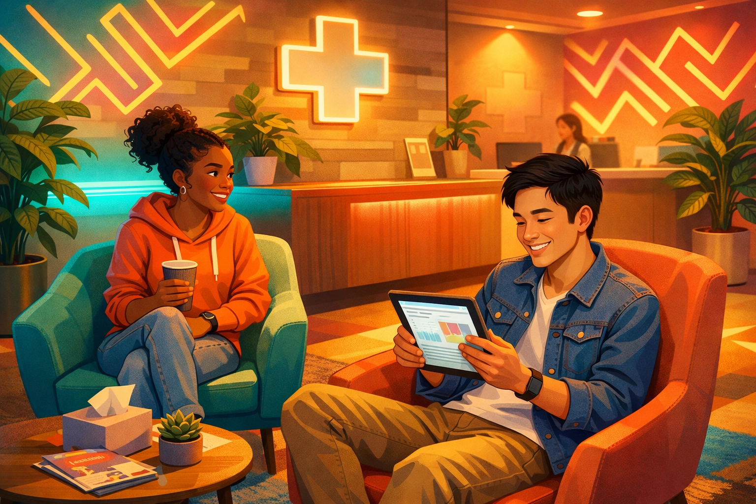 Young adults reviewing STI test results in welcoming modern clinic