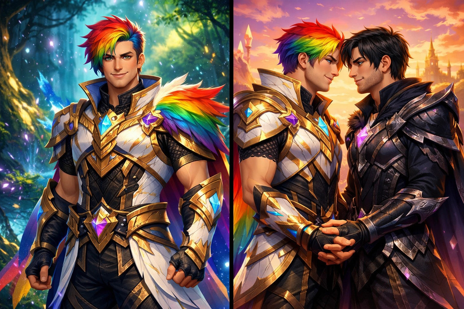 Male fantasy game avatars holding hands representing queer romance in virtual worlds
