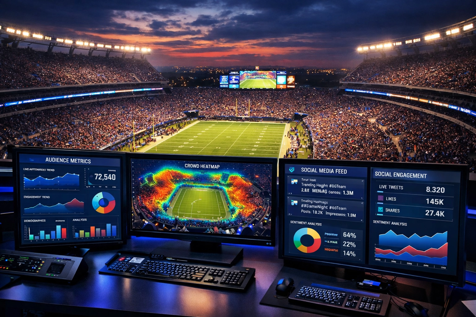 Sports stadium control room displaying real-time audience analytics and engagement metrics