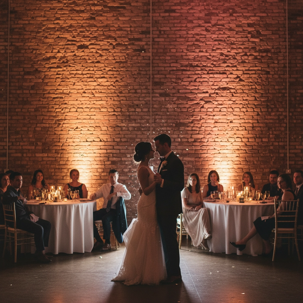 Couple dances in dimly lit hall with exposed brick walls. Guests watch from tables adorned with candles. Romantic, warm ambiance.