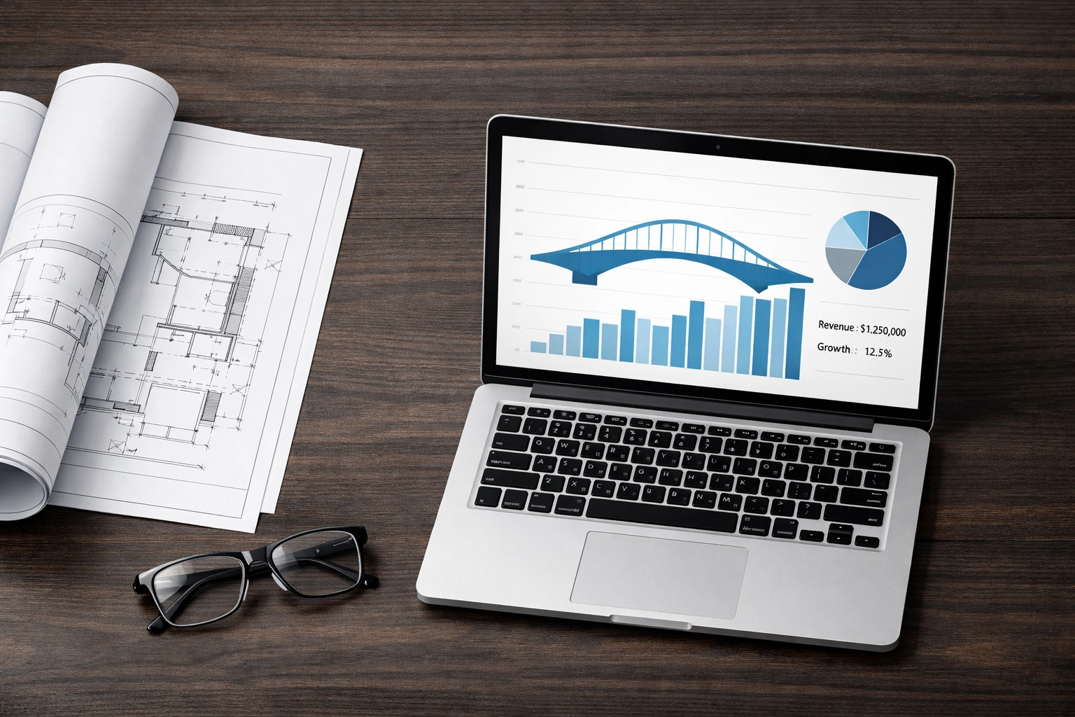 Architectural blueprints and financial data reports used for transparent project monitoring.