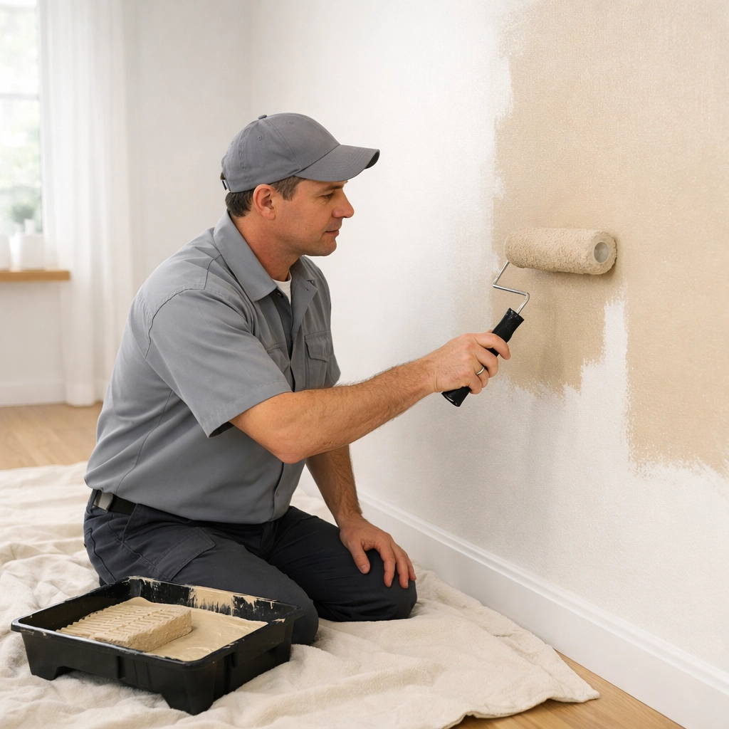 Maintenance technician painting apartment walls during 48-hour turnover process