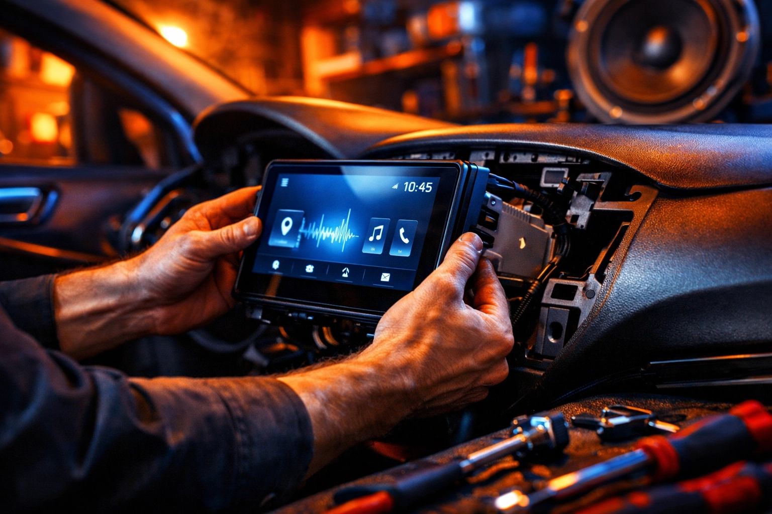 Professional radio repair Chattanooga expert installing a new touchscreen head unit at Ultimate Sounds.