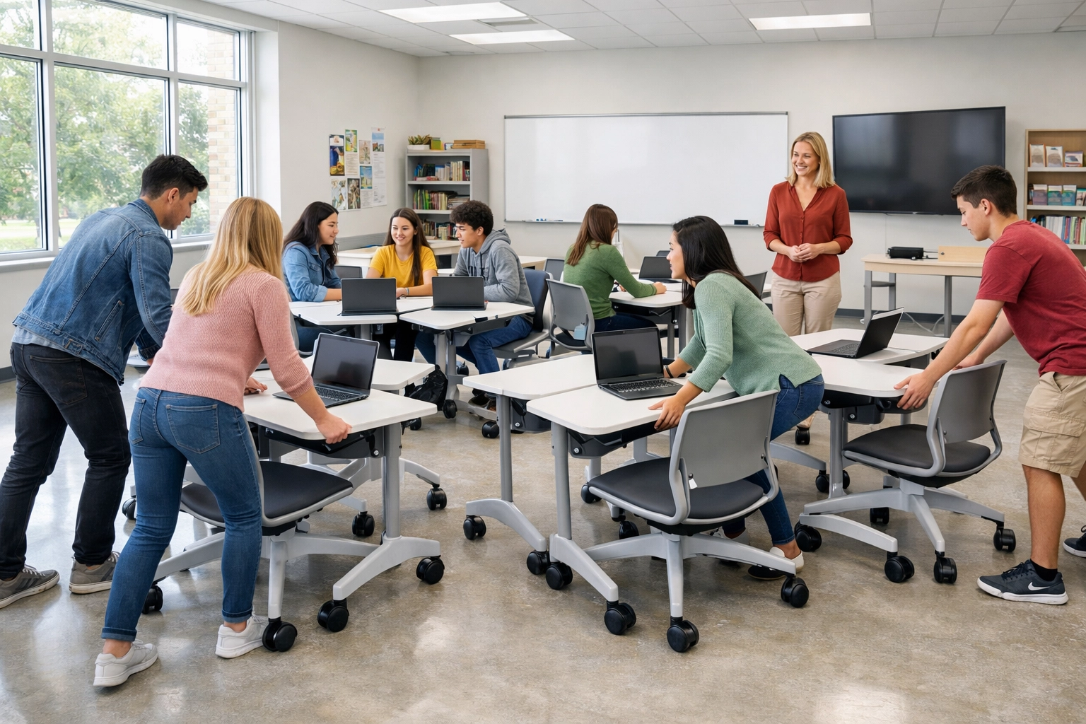 Students reconfiguring mobile desks on casters into collaborative groups