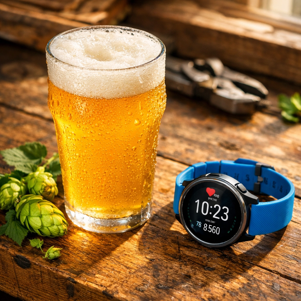 A glass of the best non alcoholic craft beer 2026 and fitness watch, supporting sober curious UK wellness for those 40+.