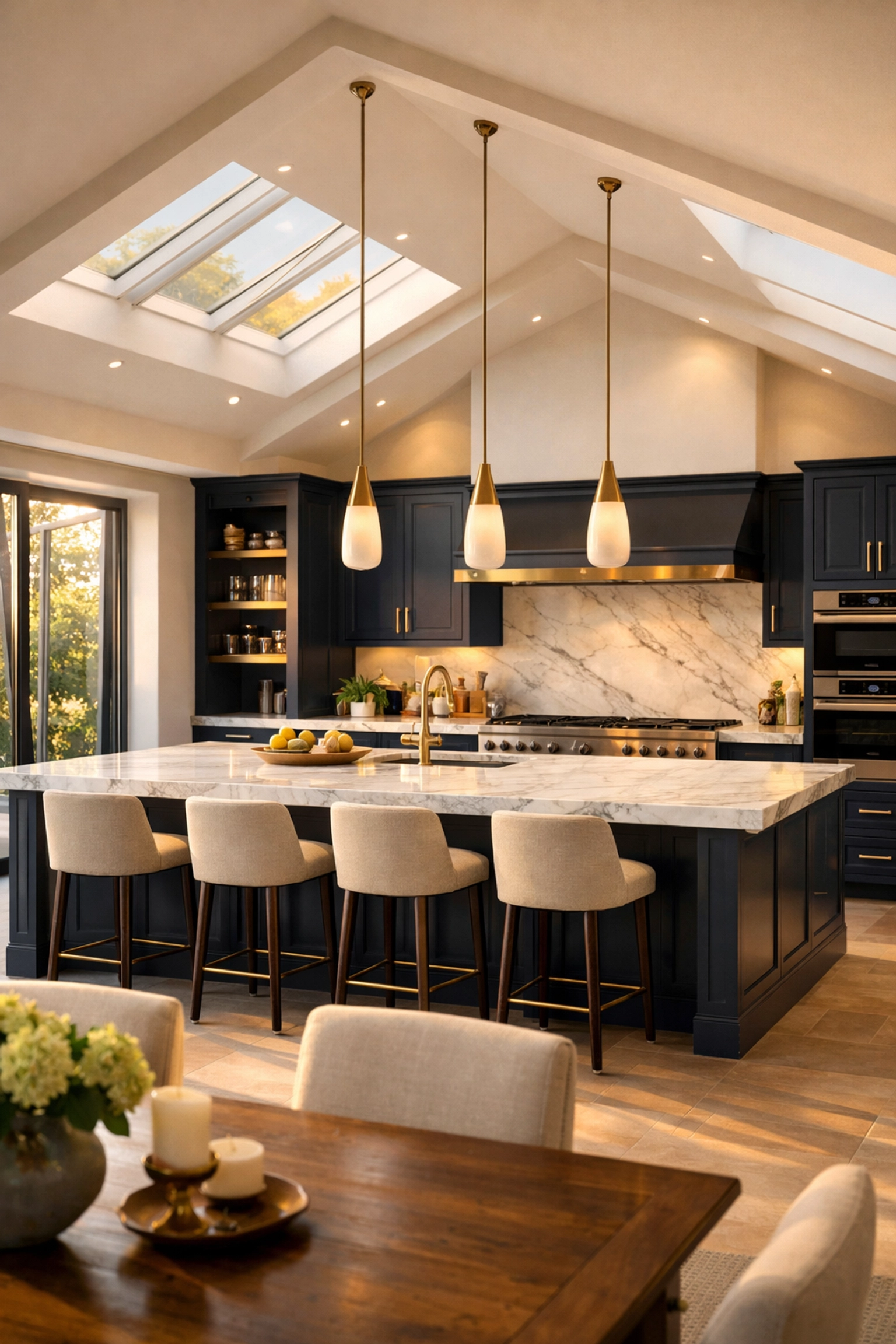 Bespoke kitchen extension in Hampstead featuring a marble island and high-end cabinetry.