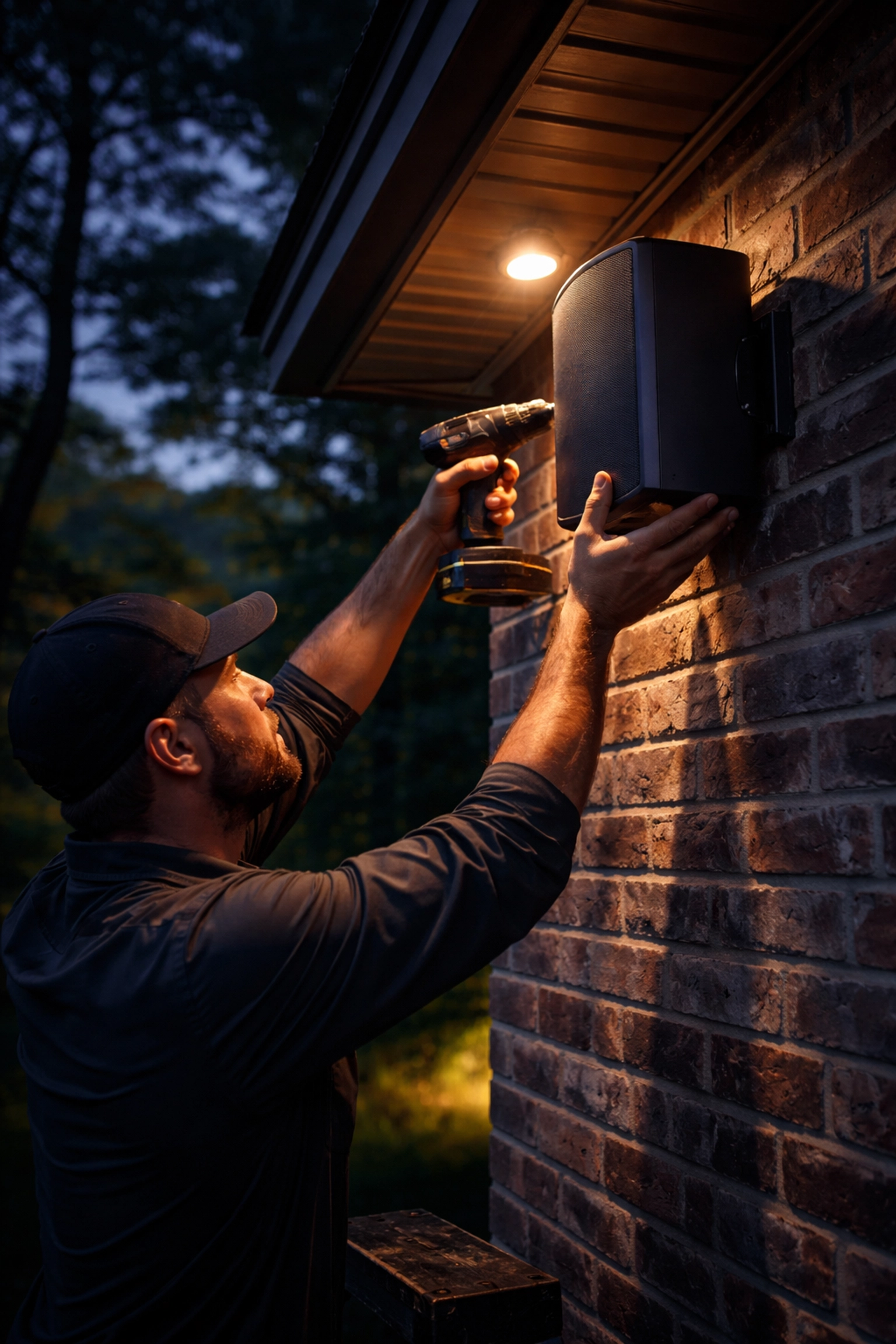 Professional installing outdoor speaker high on Kentucky home exterior, demonstrating expert backyard audio installation.