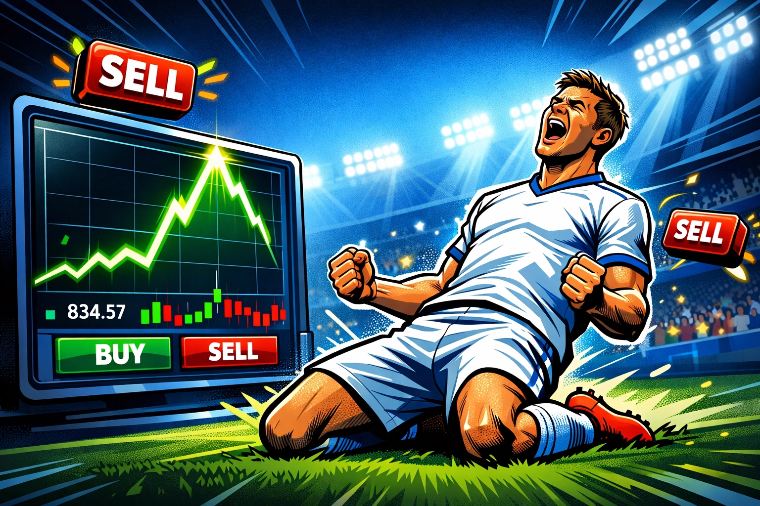 Footballer celebrating next to a player token trading chart showing a price peak and sell signals.