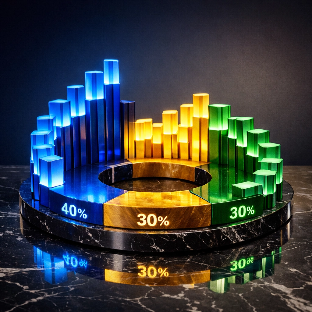 Modern portfolio allocation strategy showing 40/30/30 model with alternatives and traditional assets