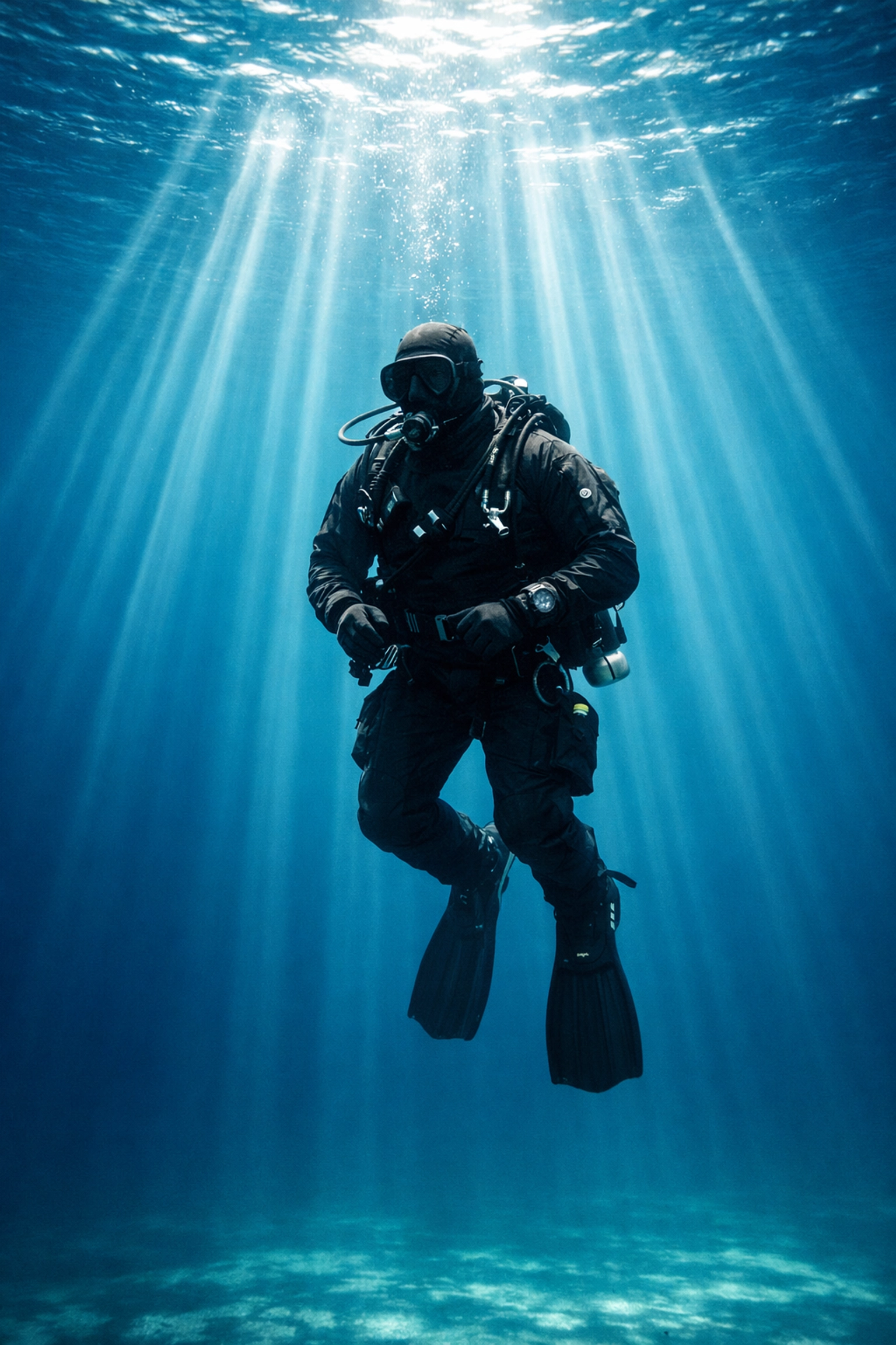 Taucher im schwarzen Trockentauchanzug beim Kaltwassertauchen in einem klaren Bergsee.