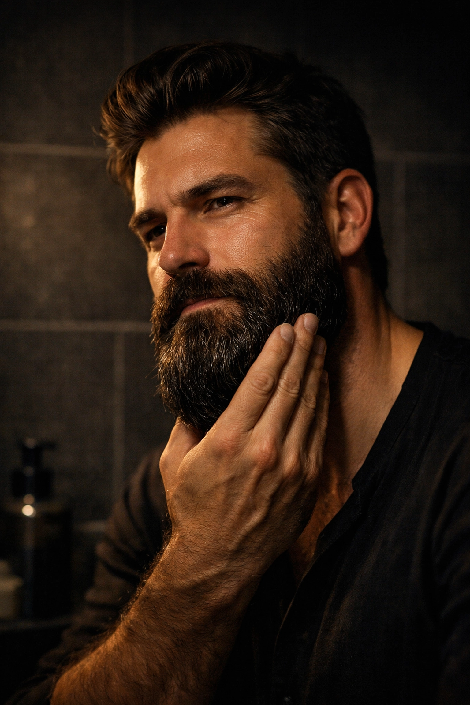 Close-up of a man with a soft, well-groomed beard after using professional beard wash.