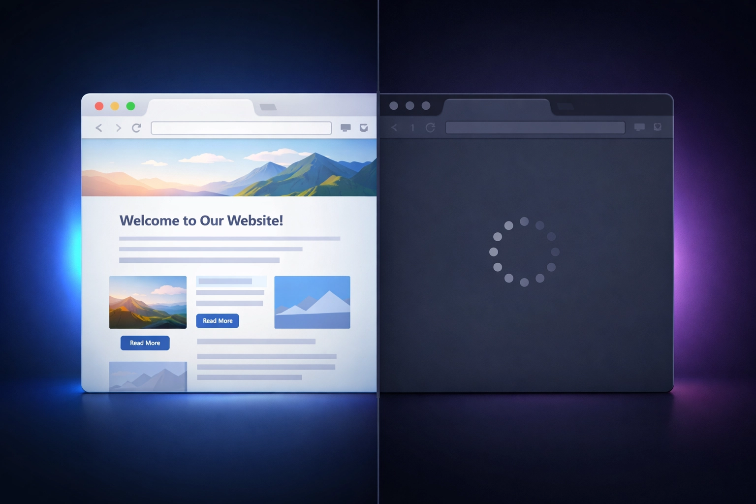 Side-by-side comparison of fast progressive website loading versus slow blank screen
