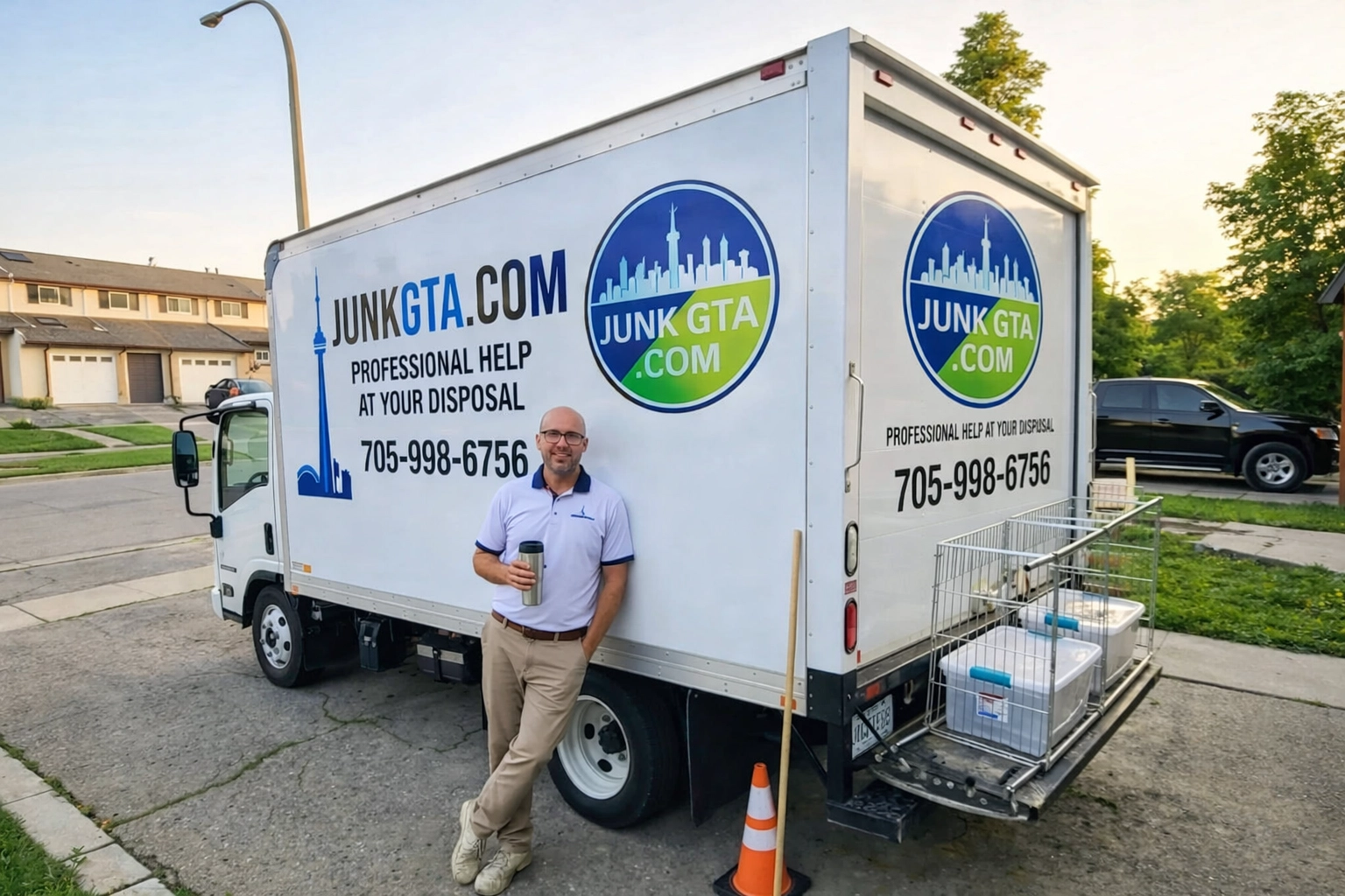 Junk GTA team member beside truck residential neighborhood