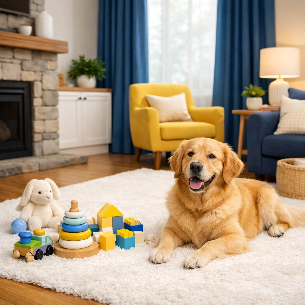 Pet-friendly living space with clean floors after a professional weekly house cleaning Sudbury MA session.