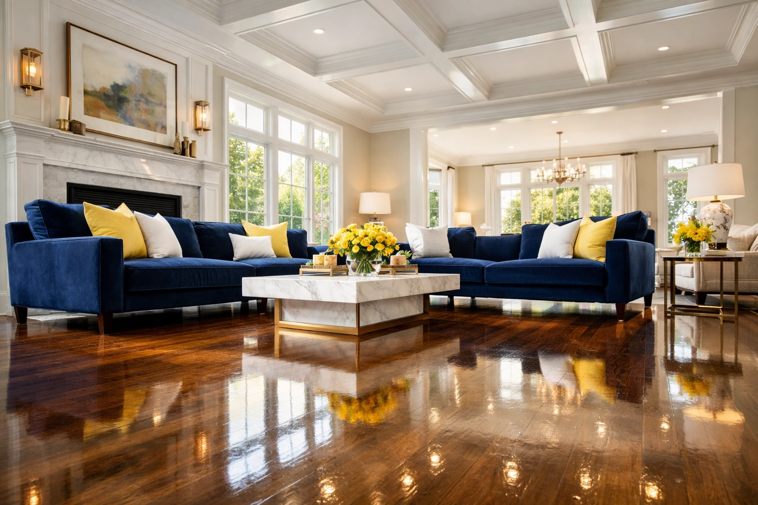 Luxury house cleaning MA results in a sun-drenched Newton living room with polished floors and a deep clean finish.