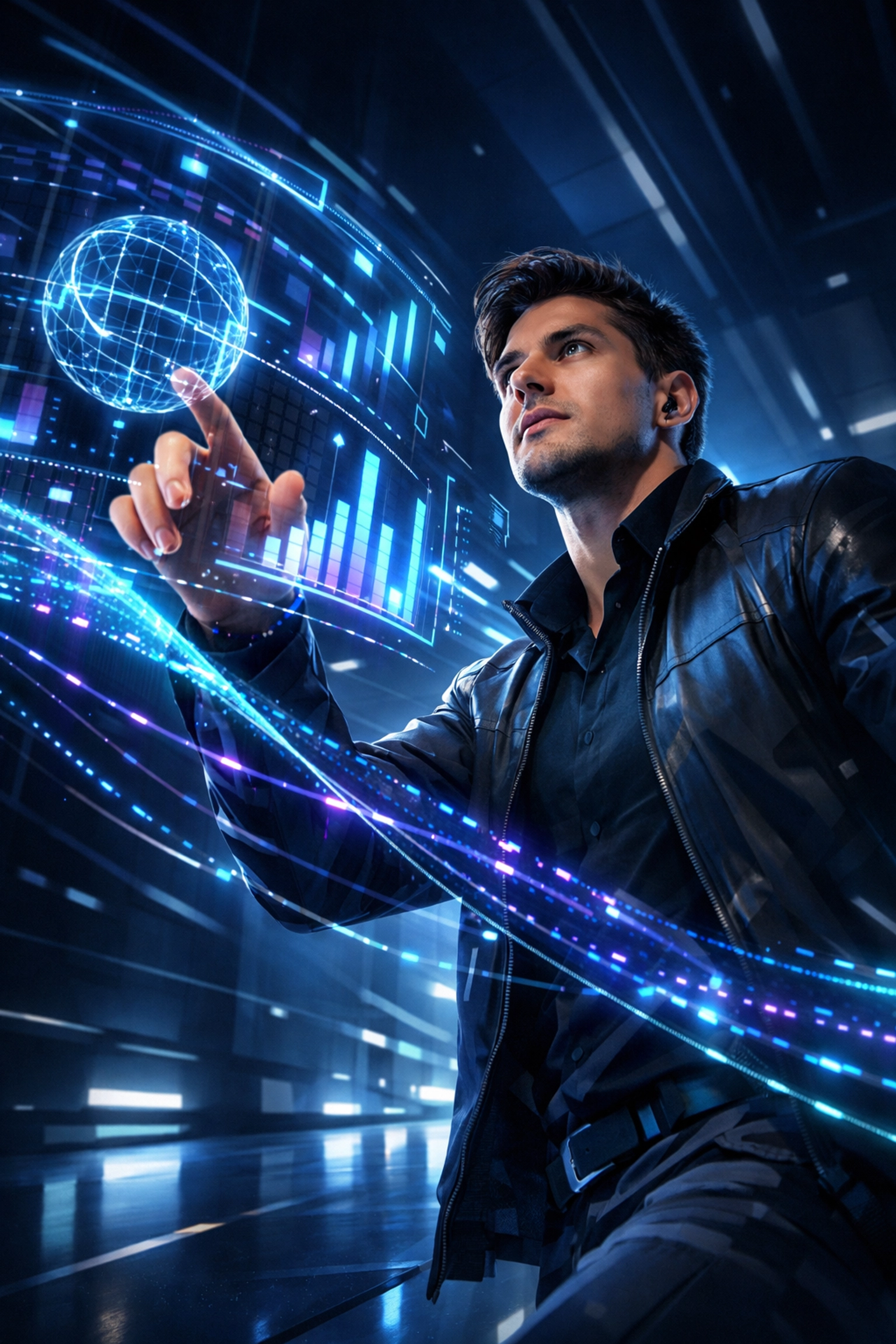 Future tech professional analyzing interactive data streams for modern workforce development.