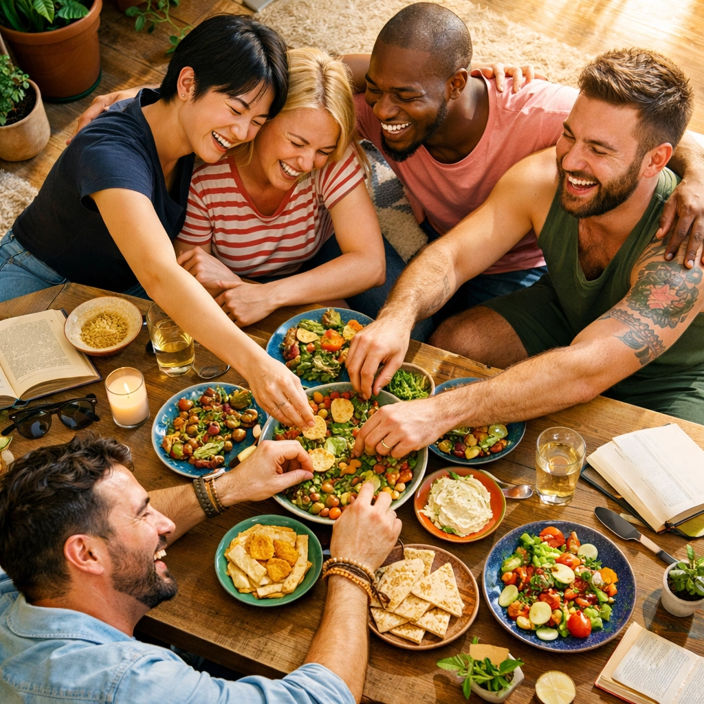 Diverse LGBTQ+ friends sharing a meal, representing the joy of chosen family and queer community bonds.