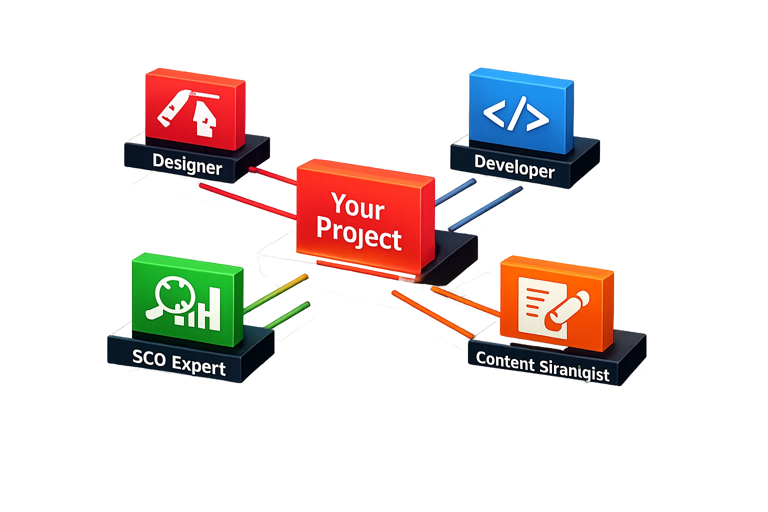 Website project team structure showing specialist roles for design, development, and SEO
