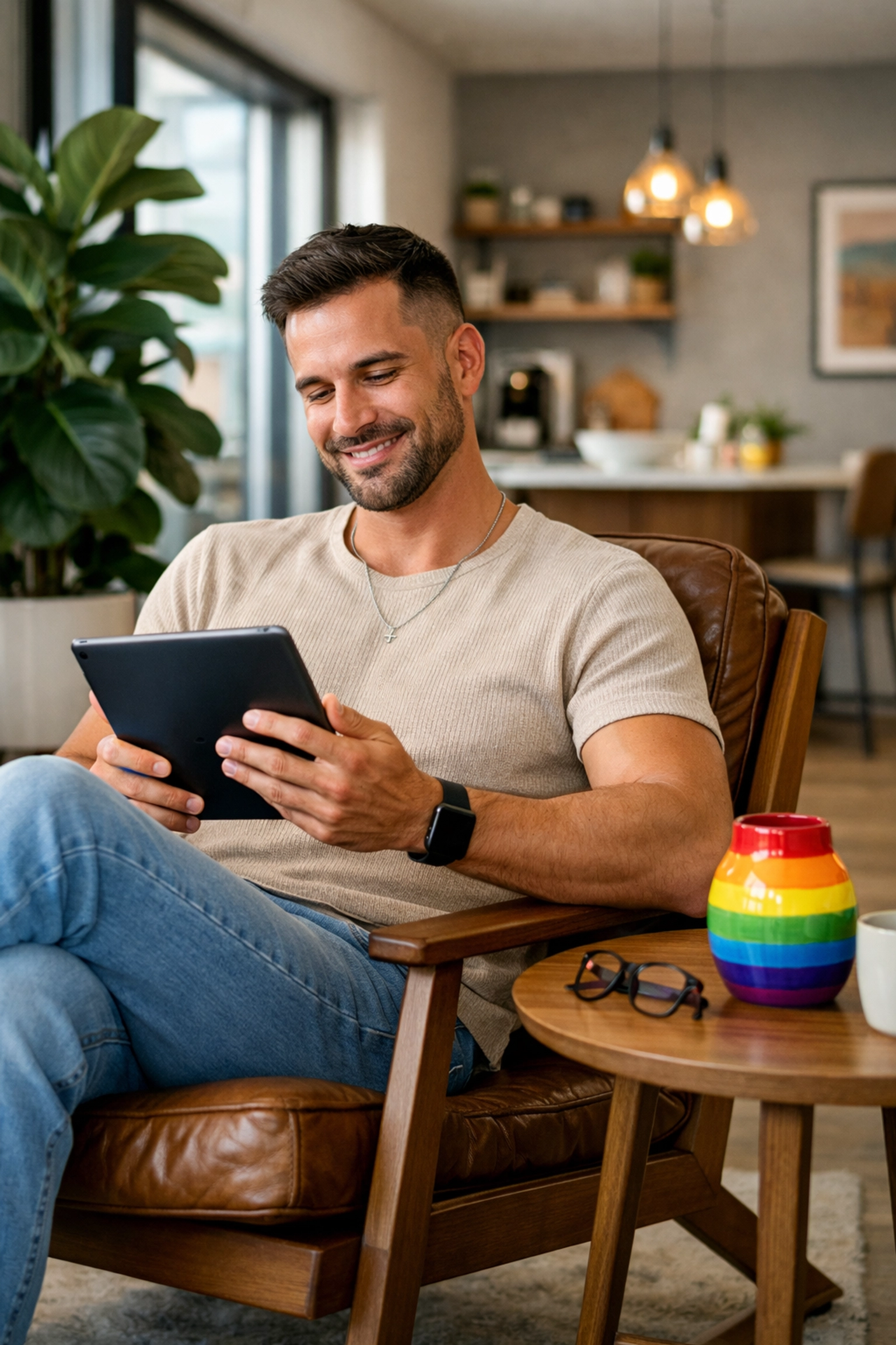 A gay man reading LGBTQ+ literature on a tablet in a modern, inclusive home setting.