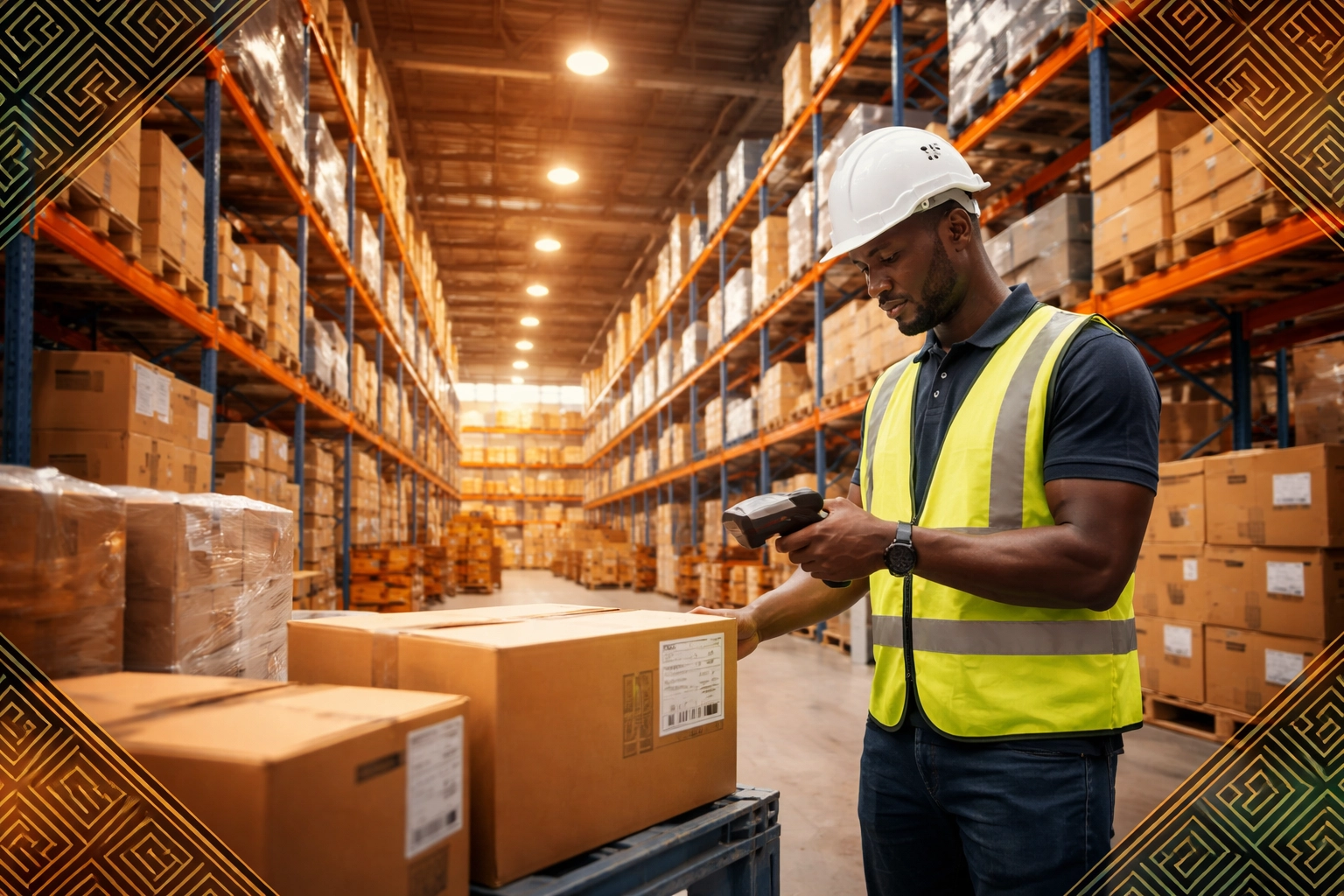 Logistics worker scans packages in a modern Houston warehouse, highlighting efficient procurement for Nigeria shipping.