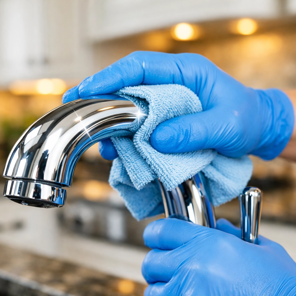 Professional cleaner polishing a faucet, providing high-quality apartment cleaning in Boston for move-outs.
