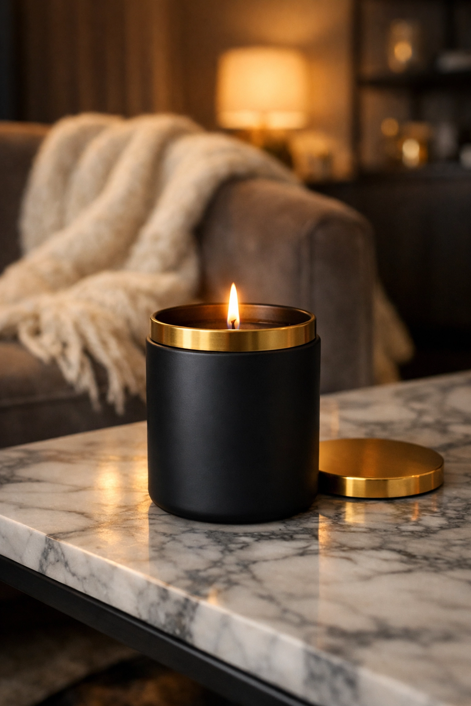 Black Commerce Matters: Why Your Daily Choice to Buy Black Changes Everything Luxury Black-owned matte black candle with gold lid on a marble table in a modern living room.