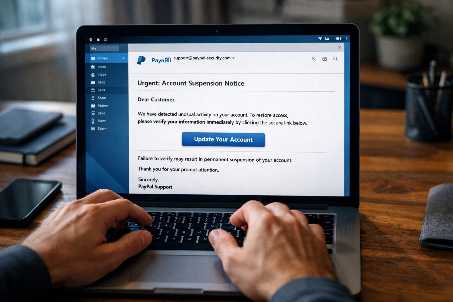 Person reviewing suspicious phishing email on laptop during Fort Lauderdale real estate closing