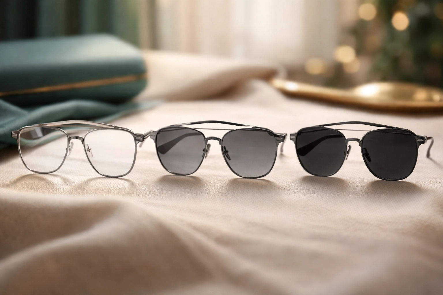 photochromic lenses Saint Lucia close-up - glasses lenses shown in clear, medium tint, and dark tint stages to demonstrate UV-reactive lens changes