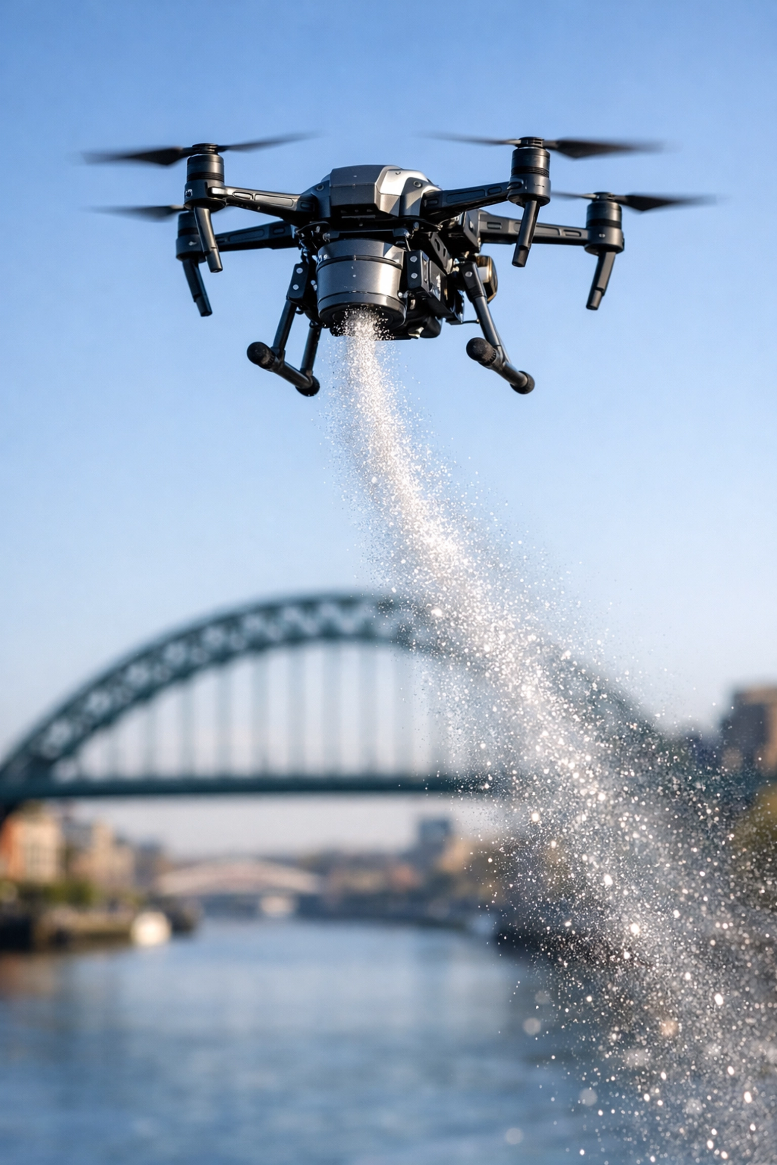 A professional drone ash scattering ceremony over the River Tyne with the Tyne Bridge in the background.
