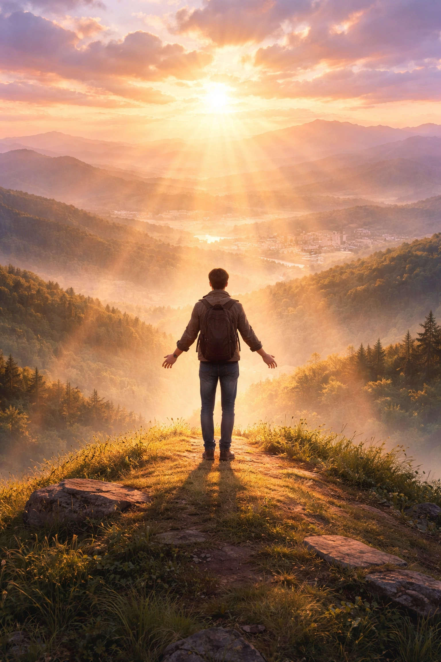 A person stands on a hilltop surrounded by gentle sunlight, embodying empowerment and the Holy Spirit's presence.