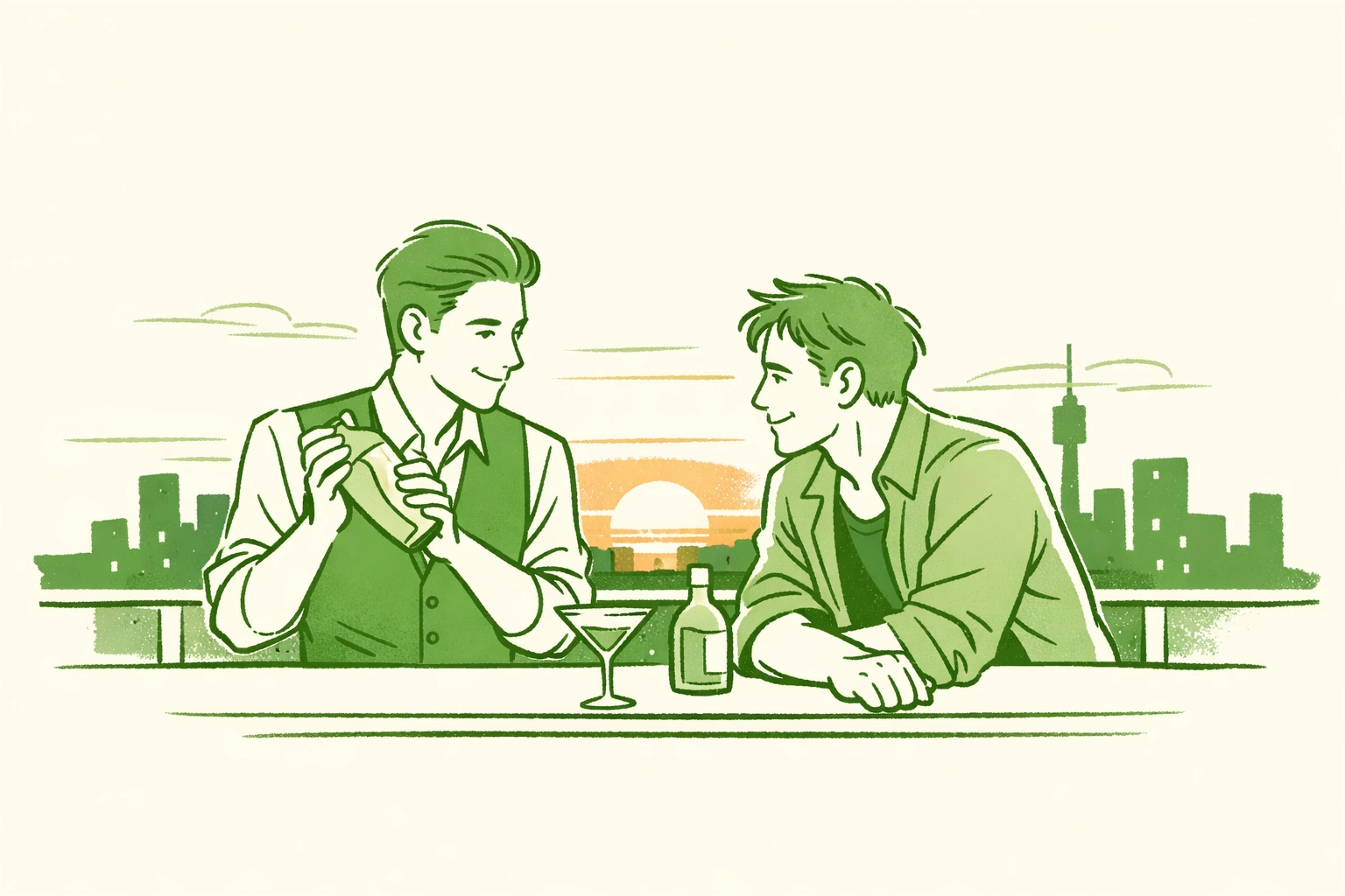 Bartender serving cocktails to customer at contemporary rooftop queer bar