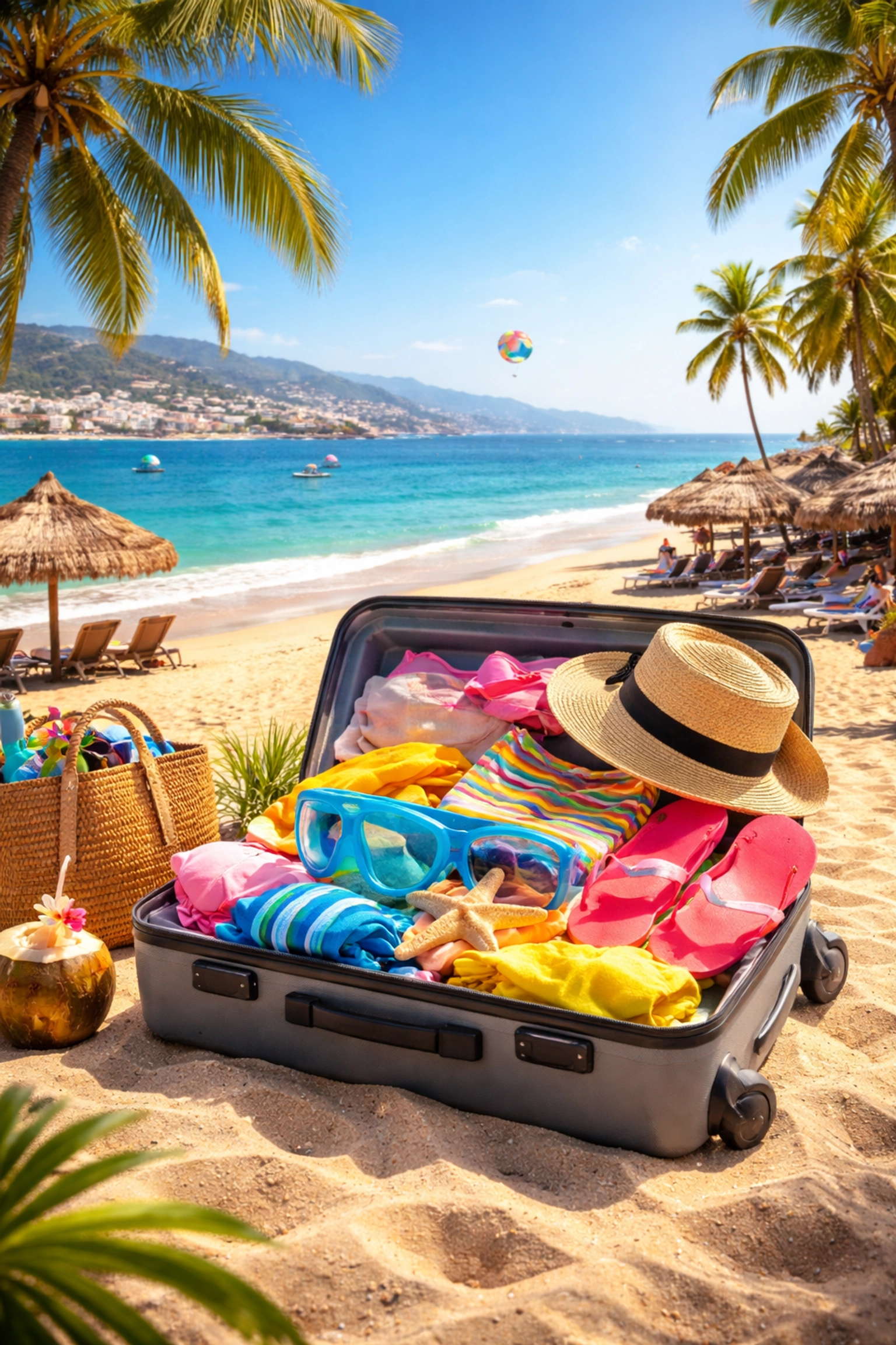 Open suitcase with colorful clothes and beach gear on Puerto Vallarta sand, palm trees and ocean in background