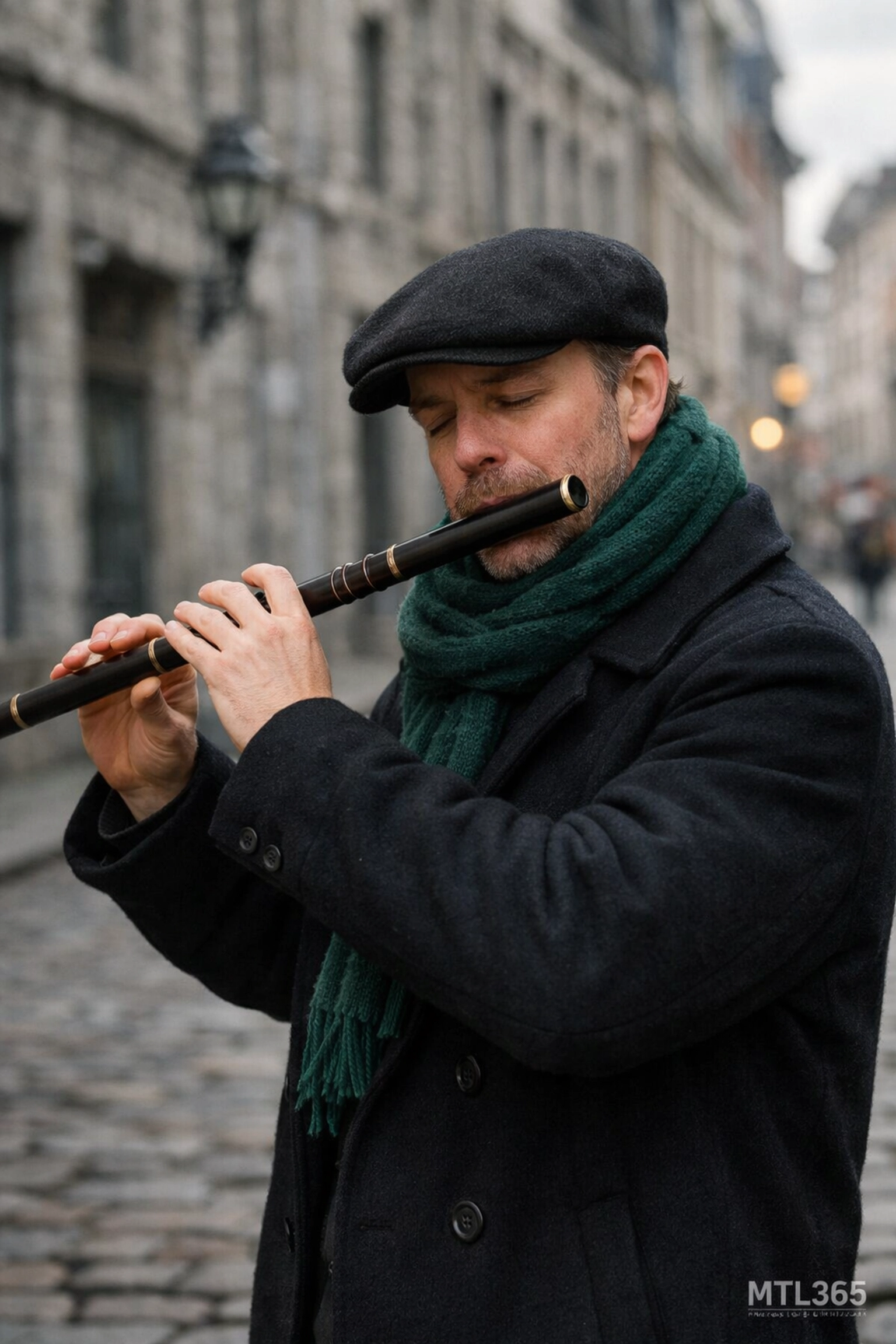 Traditional Irish musician playing a flute in Old Montreal, celebrating St. Patrick's Day history.