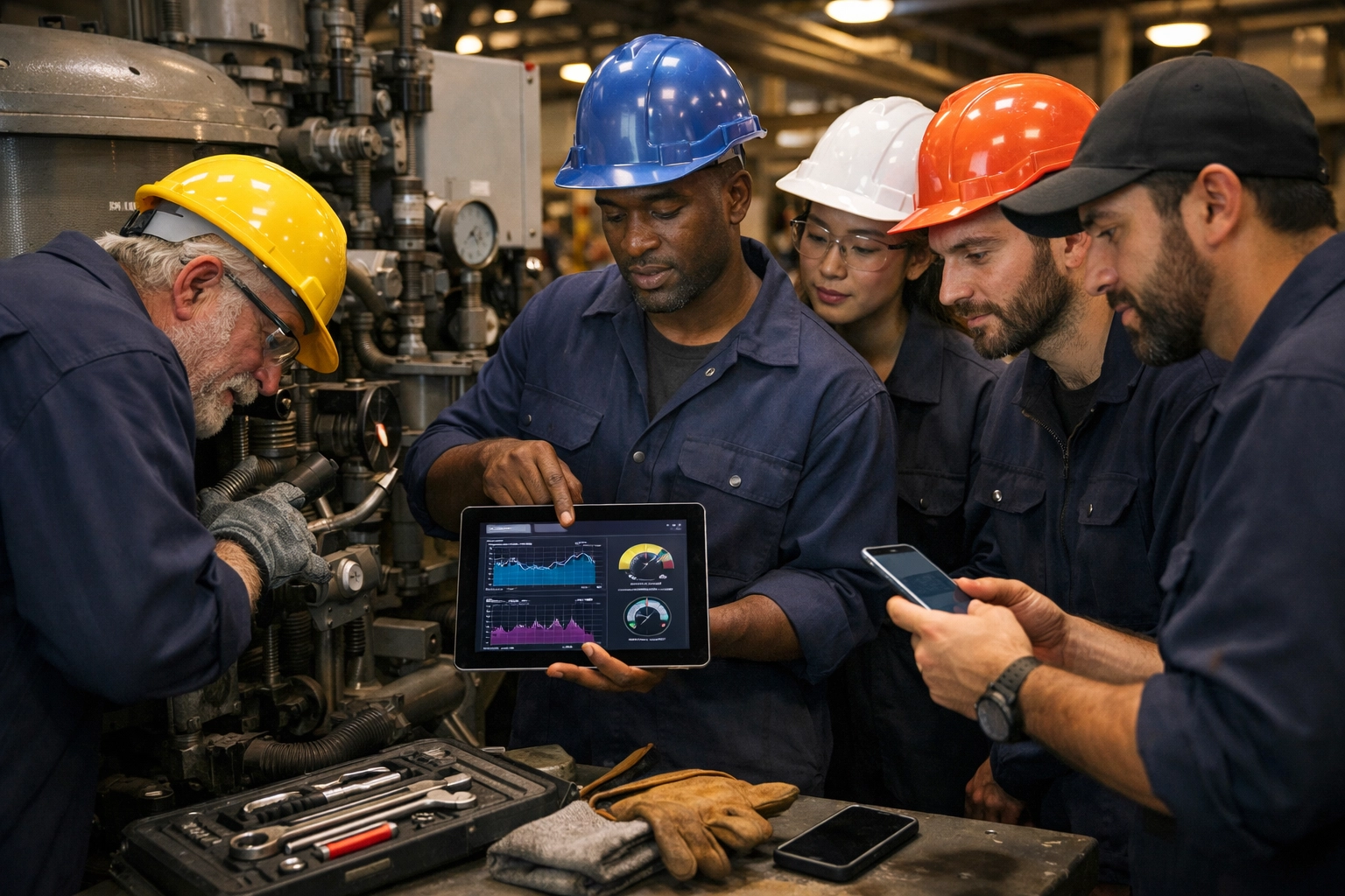 Maintenance team training on digital skills and IoT technology in industrial plant