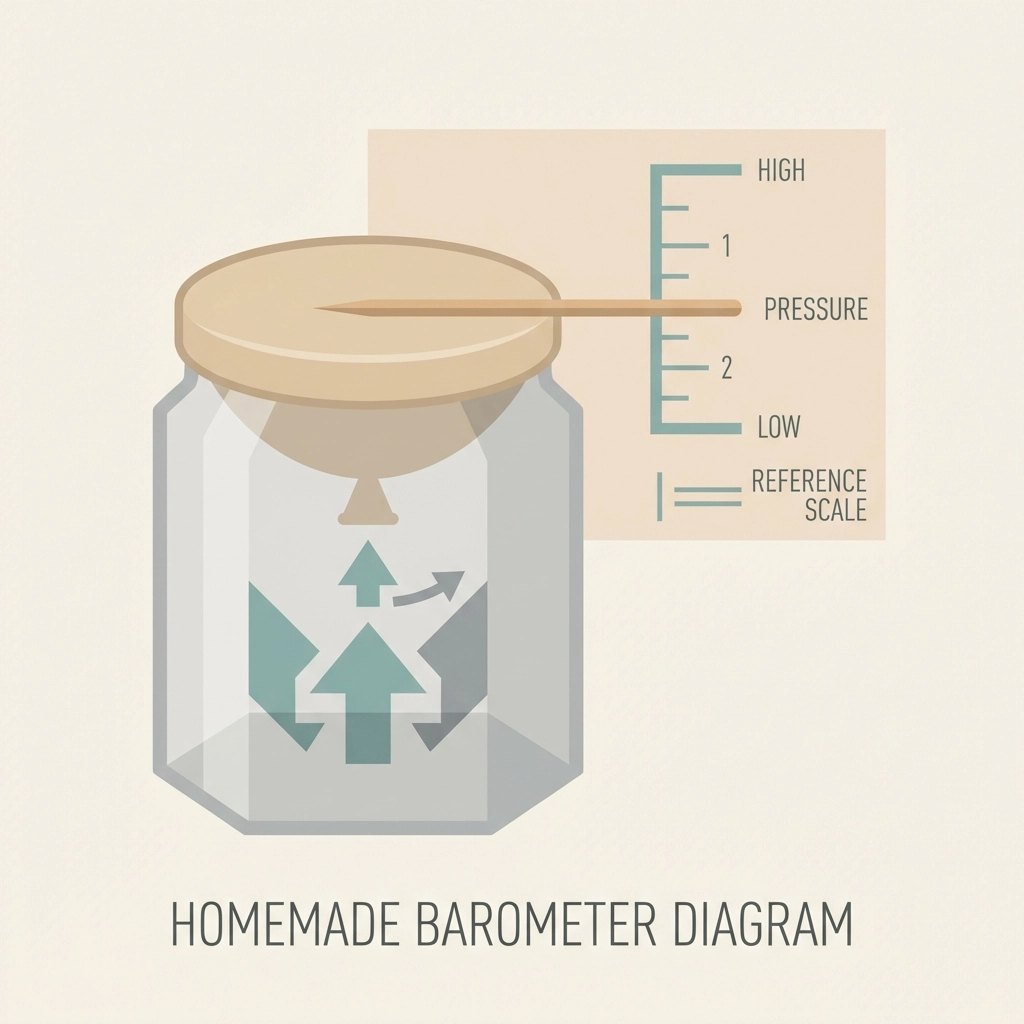 Homemade barometer diagram showing a glass jar with balloon top, skewer pointer, and measurement card