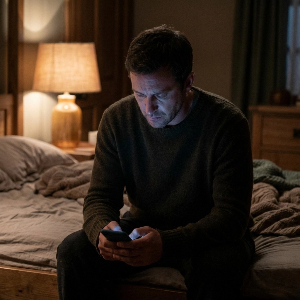 Férfi az ágy szélén mobiltelefonnal, a pornó okozta dopamin-függőség és a PIED tüneteit tükrözve.