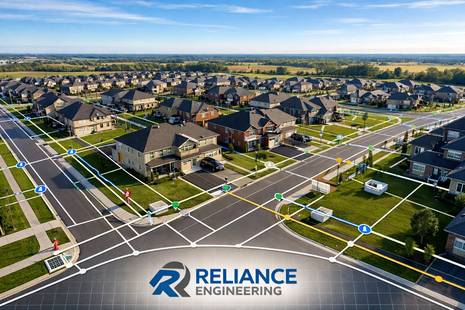 Drone view of an Ontario residential subdivision with integrated site servicing infrastructure.