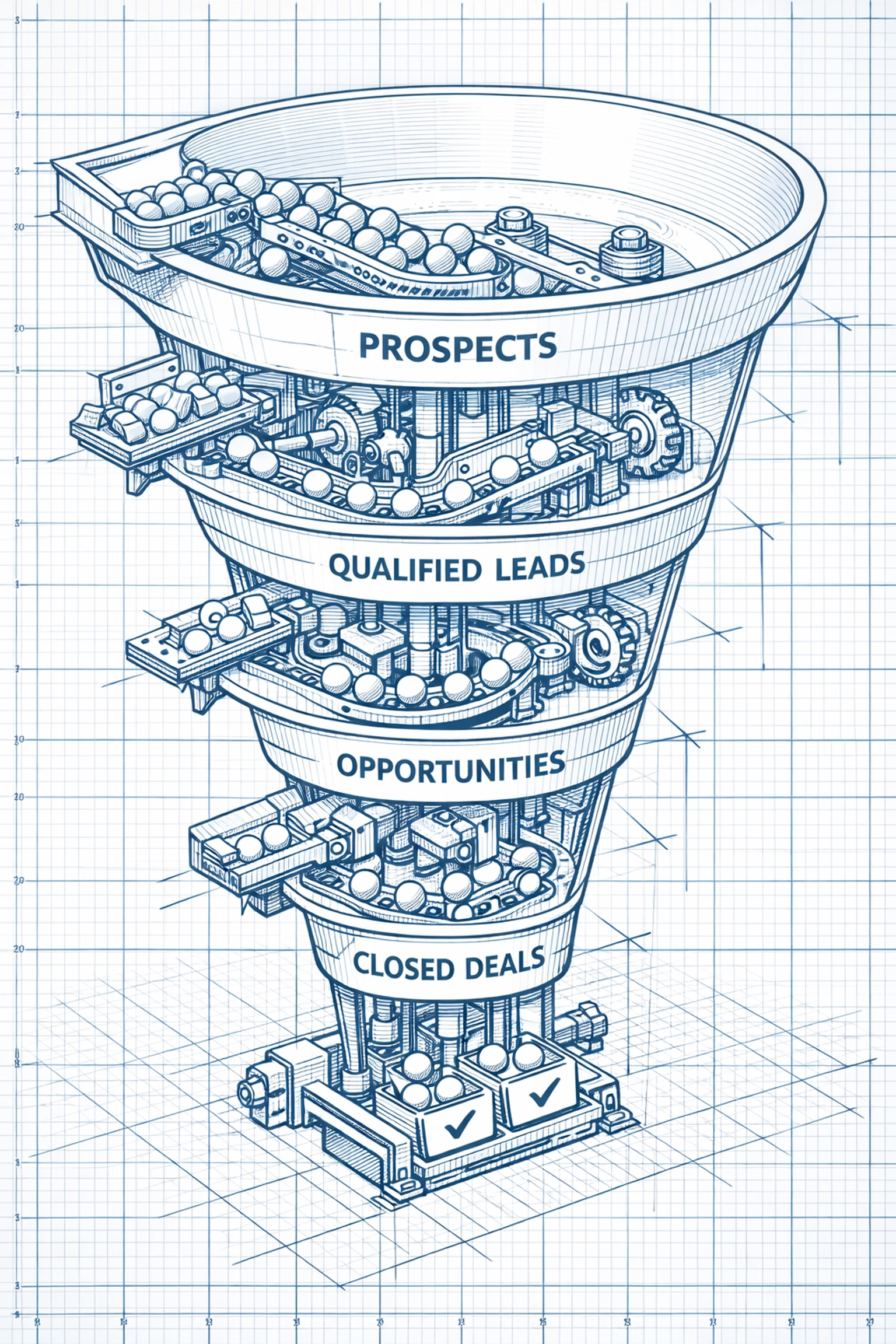 Pipeline automation funnel diagram showing automated lead progression from prospects to closed deals