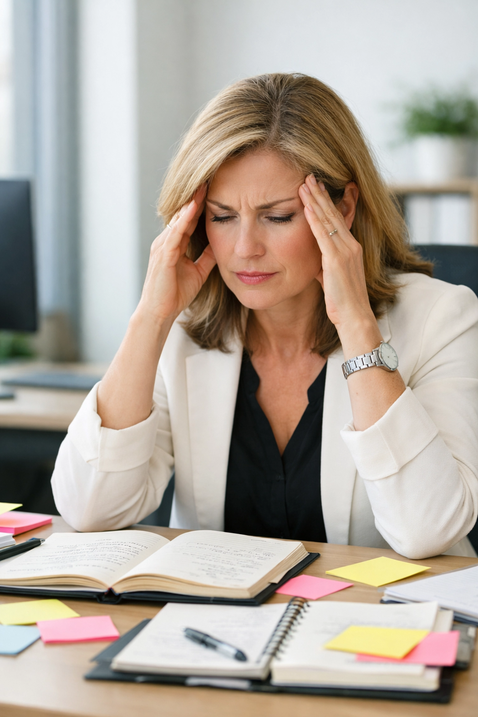 Executive woman struggling with perimenopause brain fog and anxiety at work