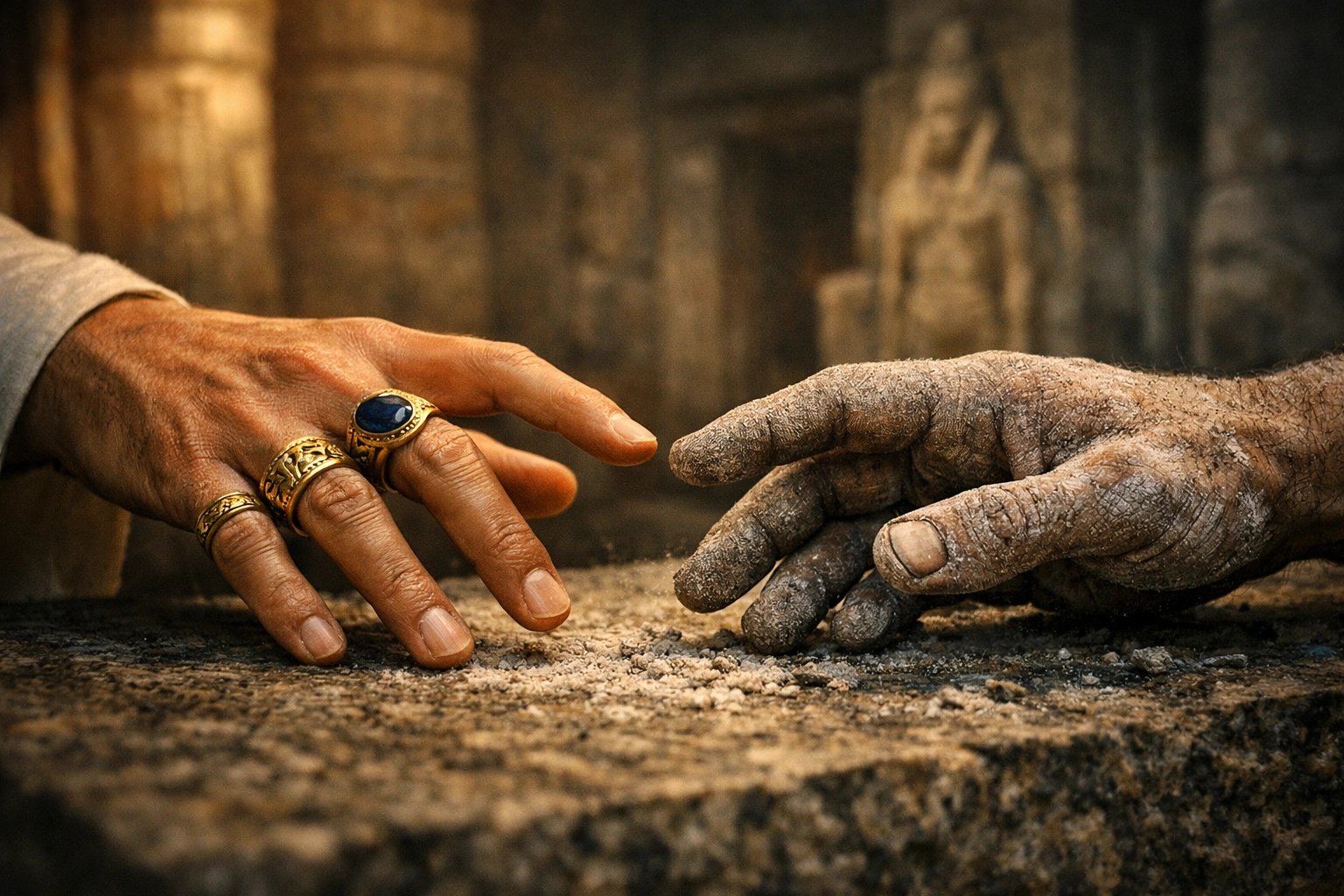 Priest's gold-ringed hand and stonemason's dusty hand nearly touch across granite