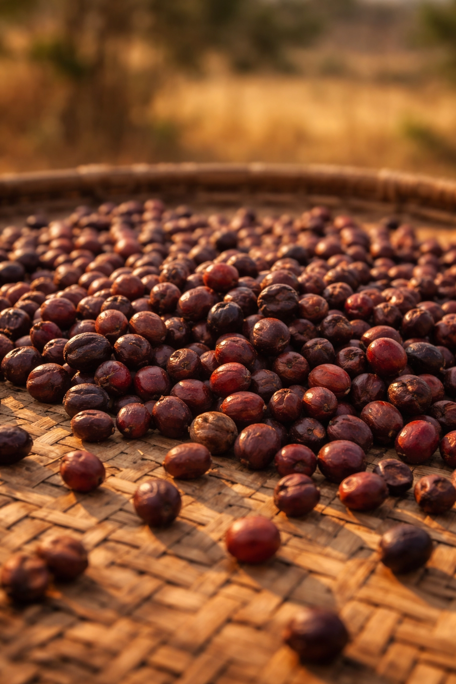 Sun-dried African coffee beans on a woven mat, illustrating artisanal processing methods for Kahawa coffee.