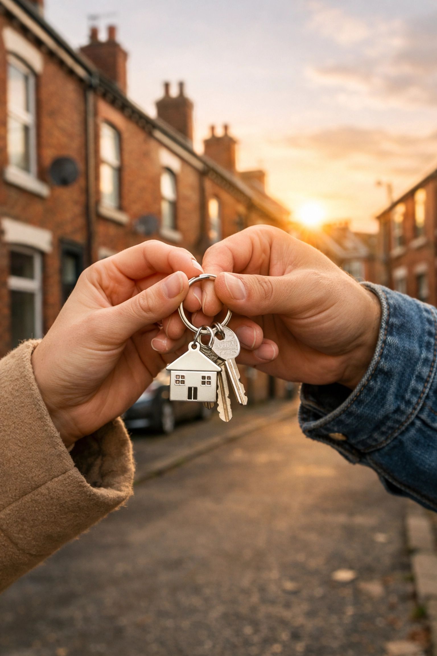 A couple holding keys to their new home in a traditional terraced street in Oldham.