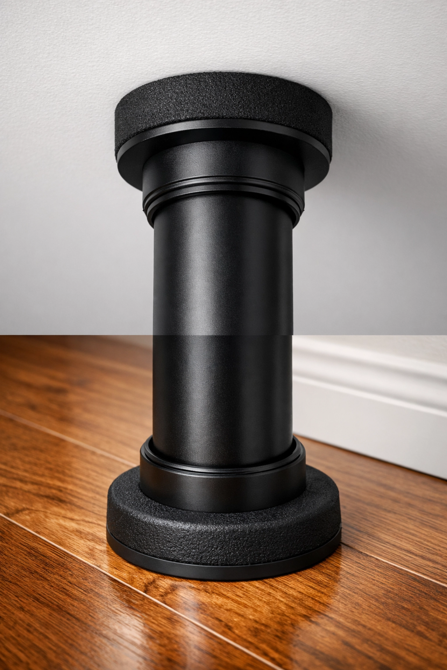 Detailed view of a no wall damage workout system using floor-to-ceiling tension mounts.